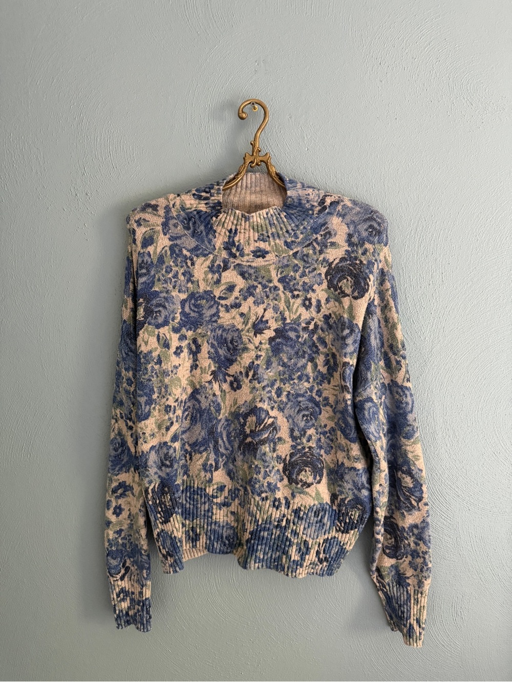 LC Lauren Conrad Blue Floral Mock Neck Sweater